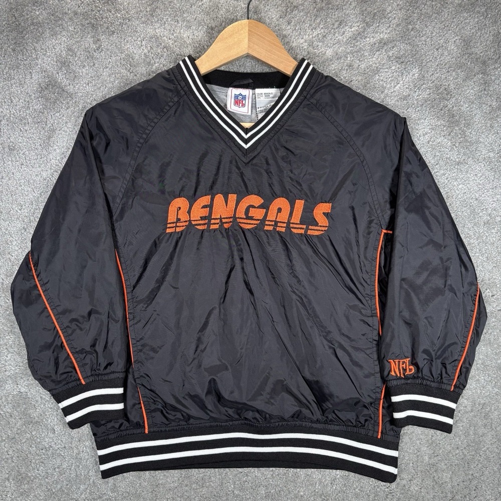 Vintage Cincinnati Bengals Pullover Youth Boys S Black Winbreaker Fleece Lined